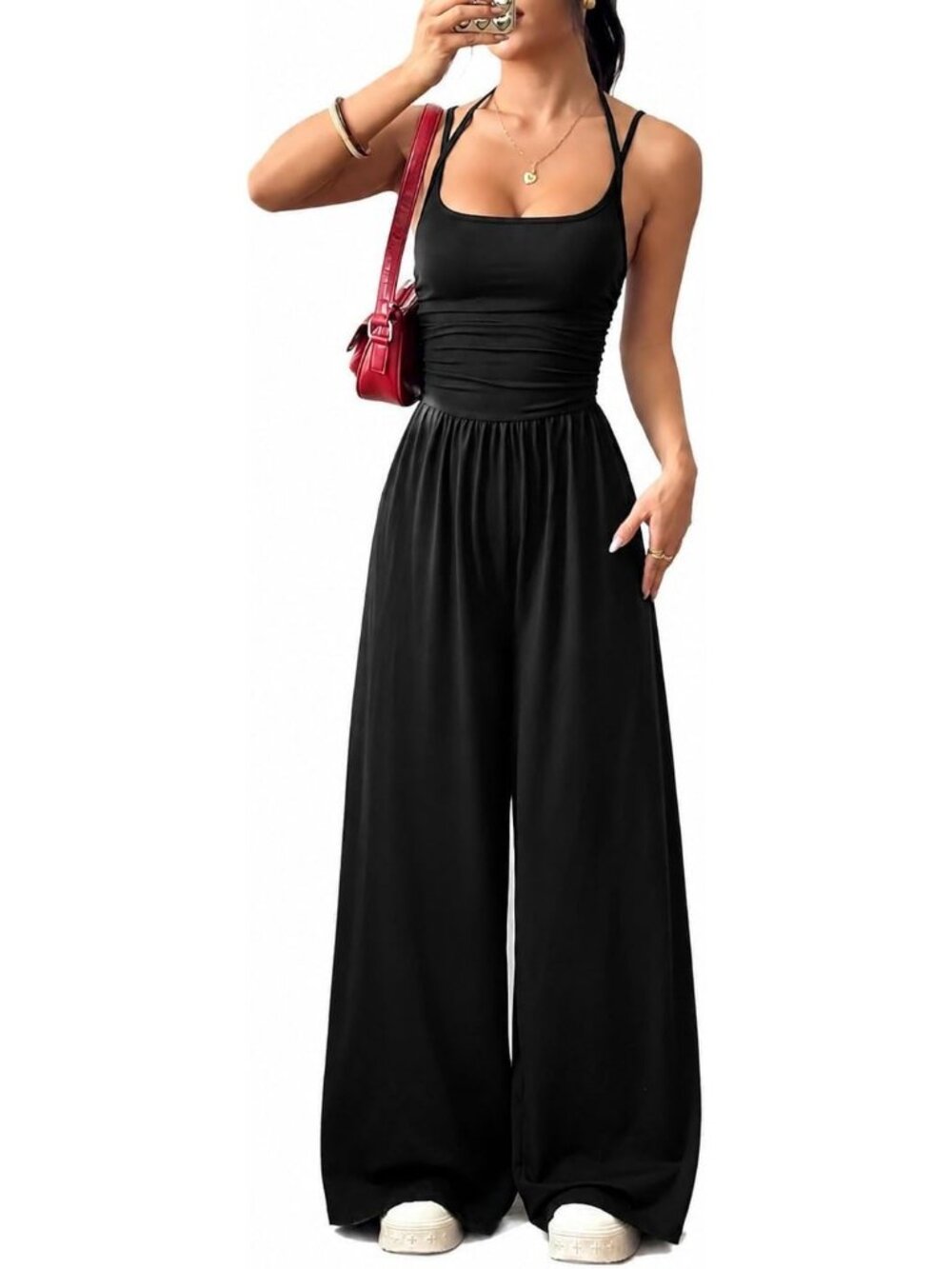 Women's Black Sleeveless Spaghetti Strap Wide Leg Square Neckline Jumpsuits
